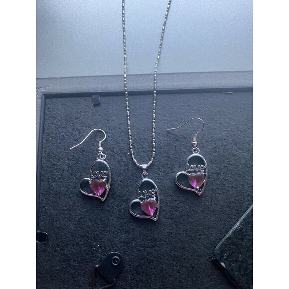 PURPLE Crystal Rhinestone Gemstone Heart Necklace Earrings Set Valentines Day - Picture 1 of 2